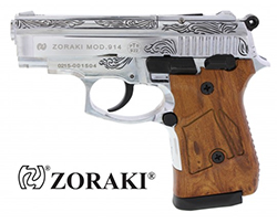 Schreckschusspistole Zoraki 914 verchromt und graviert mit einem 14 Schuss Magazin für Patronen im Kaliber 9 mm P.A.