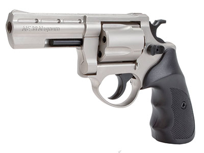 ME 38 Magnum Schreckschussrevolver in vernickelt. Die silberne Ausführung des Revolvers.